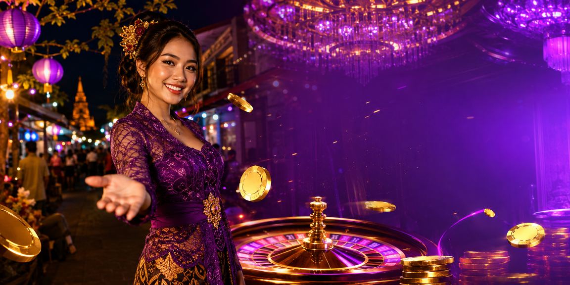 Suasana pasar malam dengan meja roulette casino berkilauan di latar belakang